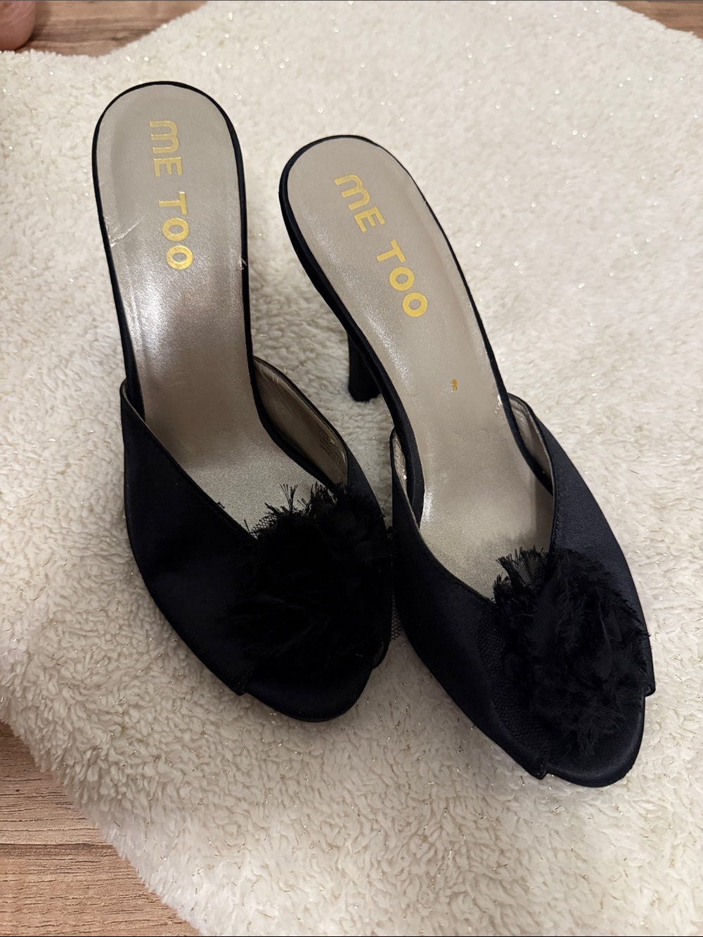 me too Black Satin Peep-Toe Mules with Floral Accent